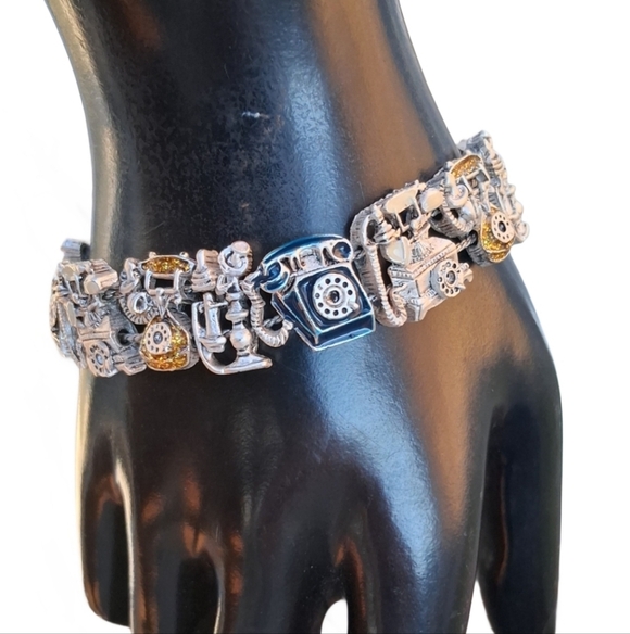 Vintage Jewelry - Vintage Silver Tone Telephone Charm Bracelet Retro Rotary Phone Kitsch Jewelry